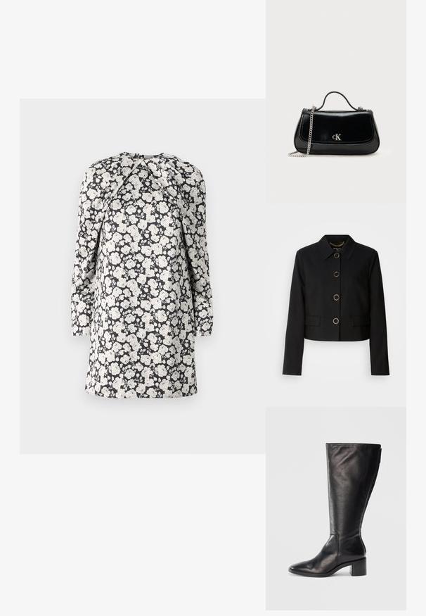 MARCIANO BY GUESS CHRISTINA CROPPED JACKET - Letná bunda - black; Šaty s kvetinovým vzorom, biele kvety na čiernom pozadí. Dlhé rukávy, vysoký golier a nariasený detail na pleciach. Stredná dĺžka.; Čierna kožená čižma až po kolená so štvorcovou špičkou, blokovým podpätkom a elegantným dizajnom. Hladká textúra so bočným zipsom pre jednoduché obúvanie.; Čierna kožená kabelka s reťazovou rukoväťou, pevný tvar a strieborný akcent s logom. Hladký povrch s klapkovým uzatváraním.