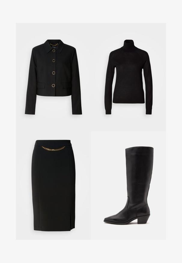 MARCIANO BY GUESS CHRISTINA CROPPED JACKET - Let jakke / Sommerjakker - black; Sort turtleneck sweater lavet af et let strikket stof. Har lange ærmer og en tætsiddende silhuet med raglan-sømme.; Sort blyantskirt med et lille slids, der har en guld kædedetalje ved livet. Lavet af et glat, strækbart stof for komfort.; Sort læderstøvle til midtkalv med spids tå og lavt skråt hæl på en enkel lys baggrund.