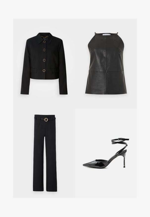 MARCIANO BY GUESS CHRISTINA CROPPED JACKET - Veste légère - black; Haut en cuir noir sans manches avec encolure halter et coutures visibles verticales et horizontales.; Pantalons larges noirs en tissu texturé, avec une taille ceinturée dotée d'une boucle circulaire dorée et de poches latérales.; Escarpin à talon aiguille en cuir verni noir, bout pointu, fines lanières à la cheville et petite boucle.