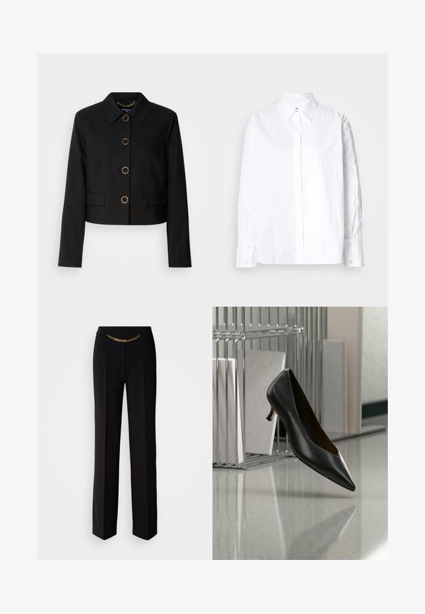 MARCIANO BY GUESS CHRISTINA CROPPED JACKET - Let jakke / Sommerjakker - black; Hvid skjorte med klassisk krave, lange ærmer og manchetter. Fremstillet af glat stof, den har en midt foran placket.; MARCIANO BY GUESS ELLA CHAIN STRAIGHT PANTS - Bukser - black; Sort læder sko med spids tå og lav hæl, der svæver over en grå plettet gulv, ved siden af en metal filopsamler med mapper.