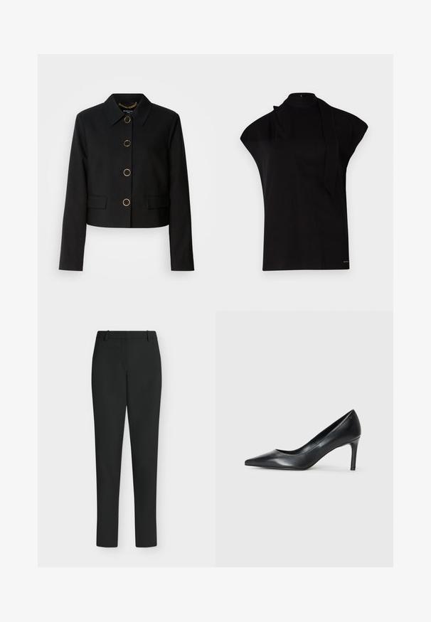 MARCIANO BY GUESS CHRISTINA CROPPED JACKET - Lichte jas - black; Zwarte top met hoge hals en kapmouwen, met een asymmetrisch ontwerp en een lange nekband. Gemaakt van een gladde stof met een minimalistische uitstraling.; Zwarte slim fit broek met riemlussen, voorrits en rechte pijpen, getoond tegen een witte achtergrond.; Zwarte leren pump met spitse neus en een slanke hak, gladde textuur en geen zichtbare versieringen. Schoon ontwerp met een minimalistische esthetiek.