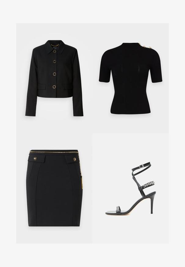 MARCIANO BY GUESS CHRISTINA CROPPED JACKET - Chaqueta fina - black; Top de punto acanalado negro con cuello alto y mangas cortas. Presenta tres botones dorados en el hombro. Textura suave.; Falda negra ajustada con bolsillos delanteros con solapa, botones decorativos en dorado y un cinturón delgado de cadena dorada con un borlas en el lado derecho.; Sandalia negra de tacón alto con tira delgada en el tobillo, tira en la parte media del pie decorada con eslabones de cadena plateados y diseño de punta abierta.