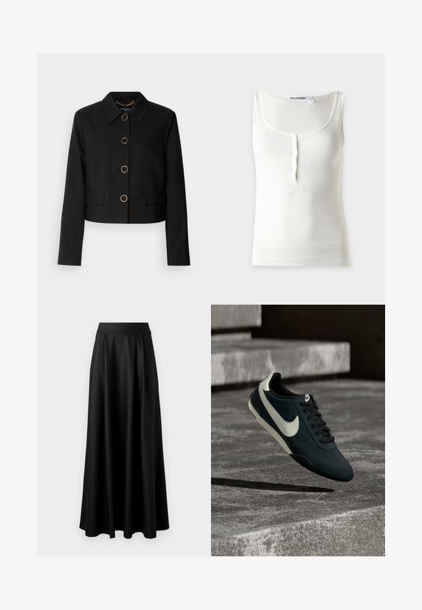 MARCIANO BY GUESS CHRISTINA CROPPED JACKET - Lichte jas - black; Witte mouwloze geribbelde tanktop met ronde hals en drie kleine knoopjes aan de voorkant, plat gelegd op een grijze achtergrond.; Zwarte rok tot op de vloer met een gladde textuur, brede tailleband en geplooid ontwerp, zonder zichtbare patronen of versieringen.; Zwart-witte Nike sneaker met veters die boven een gestructureerd betonnen oppervlak en trappen op de achtergrond zweeft.