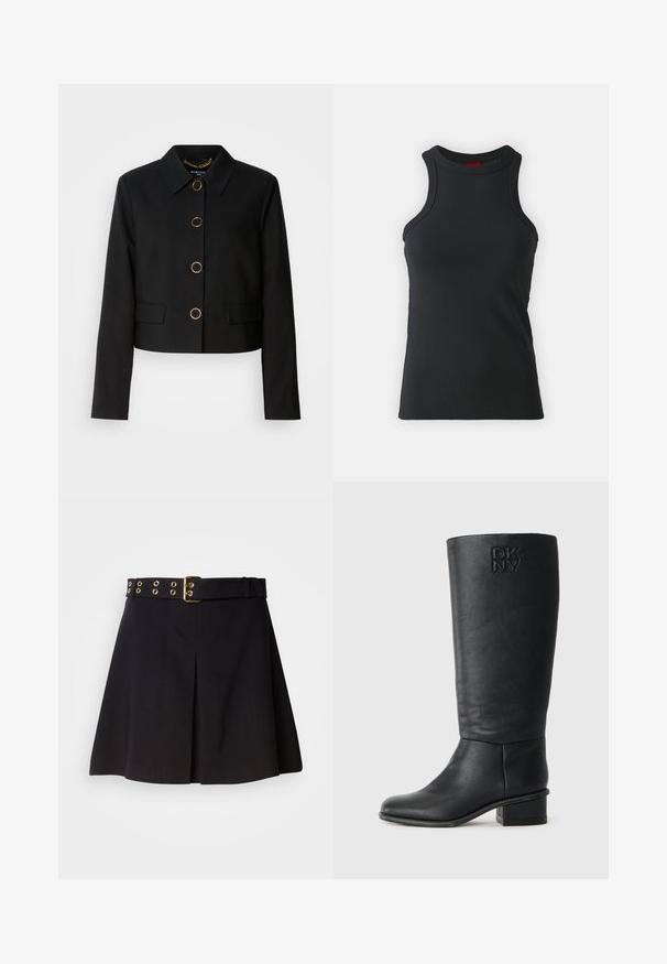 MARCIANO BY GUESS CHRISTINA CROPPED JACKET - Letná bunda - black; Čierne bezrukávové tank top vyrobené z elastického materiálu. Má okrúhly výstrih a priliehavý strih s minimálnymi švovými detailami.; Čierna plisovaná sukňa s širokým opaskom, ktorý má zlaté kovové doplnky a detaily s dierovaním, vyrobená z hladkej látky, navrhnutá pre dokonalé strih.; Čierne kožené čižmy po kolená s textúrovaným povrchom, zaoblenou špičkou a nízkym blokovým podpätkom. Má embosované logo DKNY na vonkajšej strane.
