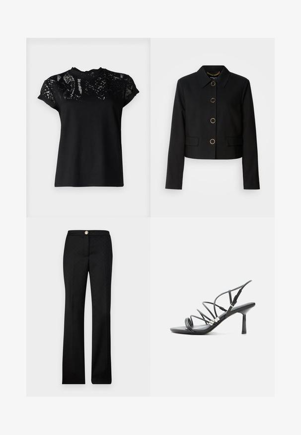 MARCIANO BY GUESS CHRISTINA CROPPED JACKET - Let jakke / Sommerjakker - black; AllSaints ANNA SNAKE TEE - T-shirts print - black; Sorte skræddersyede bukser med et subtilt geometrisk mønster, lige ben-design og en frontlukning med en metaldetalje.; Sort højhælet sandal med tynde buede remme, sølv accenter og en justerbar ankelspænde på en hvid baggrund.