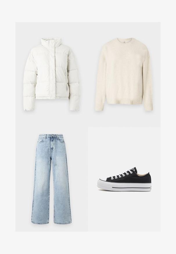 Hvid pufferjakke med høj krave, trykknapper og sidelommer. Har kviltede sektioner og en cropped design.; Lys beige sweater lavet af blødt stof, med rund halsudskæring, lange ærmer og ribbede manchetter og kant. Enkelt, klassisk design.; Lyseblå, vide jeans lavet af denim, med høj talje, snørebåndslukning og fem-lomme design med minimal falmning.; Sorte lærred lavtop sneakers med hvid gummitå, snørebånd og sål. Har en struktureret sål og sorte accenter. Klassisk design.