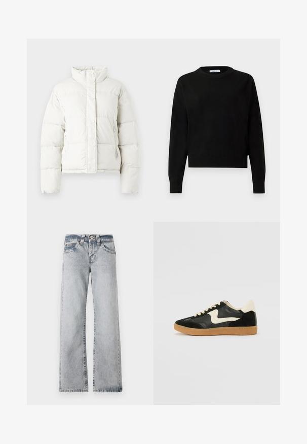 Weißer Pufferjacke mit hohem Kragen, Druckknöpfen und Seitentaschen. Besitzt gesteppte Abschnitte und ein kurzes Design.; Schwarzer Pullover aus weichem Material, mit Rundhalsausschnitt, langen Ärmeln und einem cropped Design mit gerippten Bündchen und Saum.; Hellblaue Jeans aus Denim mit weit geschnittenen Beinen. Normale Taille, Fünf-Taschen-Stil und sichtbare Nähte entlang der Säume.; Schwarze Wildleder- und Leder-Sneaker mit einem cremefarbenen Seiten-Swoosh und einer hellcremefarbenen Ferse. Ausgestattet mit beige Schnürsenkeln und einer Gummilaufsohle.
