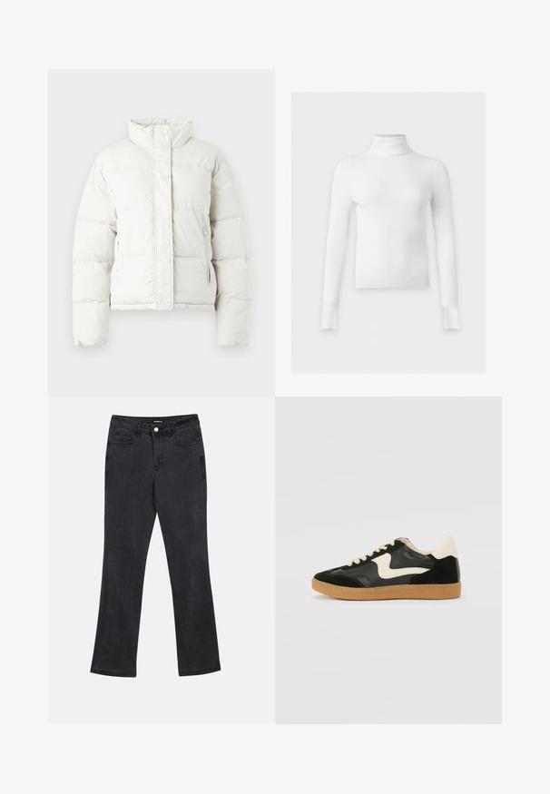 Chaqueta de plumas blanca con cuello alto, botones a presión y bolsillos laterales. Presenta secciones acolchadas y un diseño corto.; Jersey de cuello alto blanco acanalado, de manga larga, con ajuste ceñido y dobladillo recto, mostrado sobre un fondo claro y liso.; Vaqueros negros de pierna recta con bolsillos delanteros y traseros, pasadores para cinturón y cierre de botón en la cintura.; Zapatillas de deporte de ante y cuero negro con un swoosh lateral en crema y un talón en crema claro. Presenta cordones beige y una suela de goma marrón.