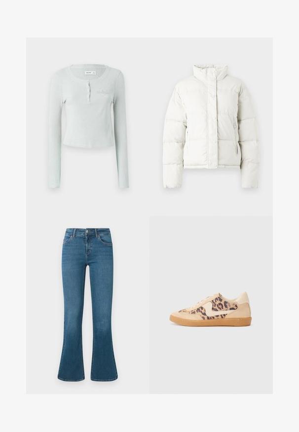 Weißer Pufferjacke mit hohem Kragen, Druckknöpfen und Seitentaschen. Besitzt gesteppte Abschnitte und ein kurzes Design.; Hellgrünes, geripptes Langarmoberteil mit Rundhalsausschnitt, Knopfleiste und einem dezenten eingeprägten Logo auf der Brust. Weiche Textur.; Blaue Jeans im Schlagstil aus Denim mit einer mittelhohen Taille, Fünf-Taschen-Design und subtilen Stickdetails. Glatte Textur mit klassischer Waschung.; Löwenmuster-Sneaker mit beige Wildleder-Obermaterial, tanfarbener Gummisohle und weißen Akzenten. Runde Zehenform und Schnürdesign mit strukturiertem Finish.