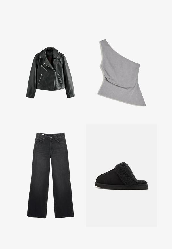 Schwarze Leder-Bikerjacke mit asymmetrischen silbernen Reißverschlüssen, Reverskragen, Schulterepauletten und Reißverschlusstaschen.; Asymmetrisches graues Stoffoberteil mit einem Schulterriemen und eckigem Saum, flach auf weißem Hintergrund ausgelegt.; Schwarze Jeans mit weitem Bein und hoher Taille, vorne mit Knopf- und Reißverschluss, Gürtelschlaufen und Fünf-Taschen-Design.; Bianco BIASWEETIE SLIPPER - Hausschuh - black