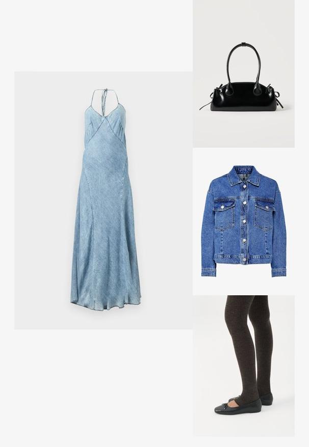 Veste en denim bleu clair avec manches longues, devant à boutons et deux poches poitrine. Présente des coutures contrastantes et un design de col classique.; Robe en denim d'une teinte bleu clair, dotée de bretelles spaghetti, d'une coupe évasée et de plis subtils le long du corsage. Silhouette longue et fluide.; Jambes portant des leggings côtelés foncés associés à des ballerines noires avec de petits détails en nœud sur fond blanc.; Petit sac à main noir brillant avec deux longues anses et des détails à cordon sur les côtés sur un fond clair uni.