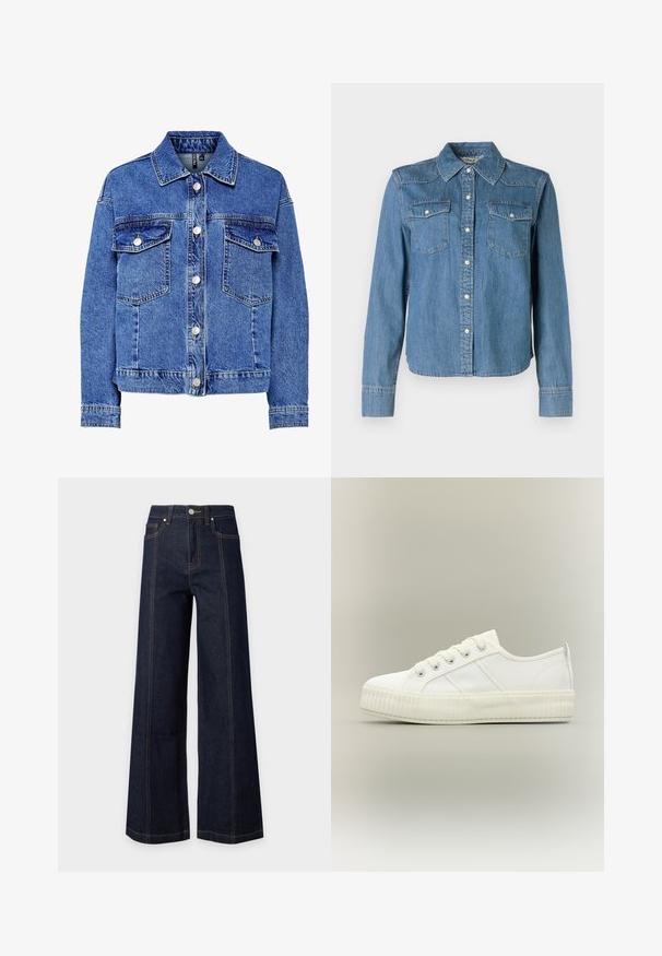 Veste en denim bleu clair avec manches longues, devant à boutons et deux poches poitrine. Présente des coutures contrastantes et un design de col classique.; La chemise en denim présente une teinte bleu clair, un col classique et deux poches poitrine. Elle est dotée de boutons-pression et de manches longues avec des poignets à boutons.; Jean bleu foncé taille haute à jambes larges avec poches avant, coutures visibles et fermeture bouton et zip sur un fond clair uni.; Baskets basses blanches avec semelle épaisse côtelée, lacets à l'avant et languette à l'arrière sur fond neutre.