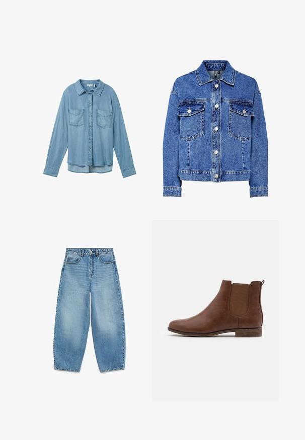 Lysblå denimjakke med lange ærmer, knapfront og to brystlommer. Har kontrasterende syninger og klassisk kravedesign.; Lysblå denimskjorte med lange ærmer, knaplukning og to forlommer. Har en klassisk krave og en let buet kant.; Højtaljede, vide blå denim jeans med frontknap, lynlåslukning og fem-lomme design på hvid baggrund.; Brun læder ankelstøvle med elastiske sidepaneler, rund tå og lav stablet hæl; glat tekstur med subtil finish.