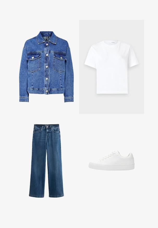 Leren spijkerjack in lichtblauw met lange mouwen, knoopsluiting aan de voorkant en twee borstzakken. Heeft contrasterende stiksels en een klassiek kraagontwerp.; Effen witte katoenen T-shirt met korte mouwen, ronde hals en rechte zoom, getoond op een witte achtergrond.; Blauwe wijde jeans van denim, met een hoge taille, vijf zakken, subtiele vervaging, knoopsluiting en contrasterende stiksels.; Witte veterschoenen met een bovenwerk van glad leer, een ronde neus en een platte rubberen zool. Minimalistisch ontwerp met een eentonig kleurenschema.