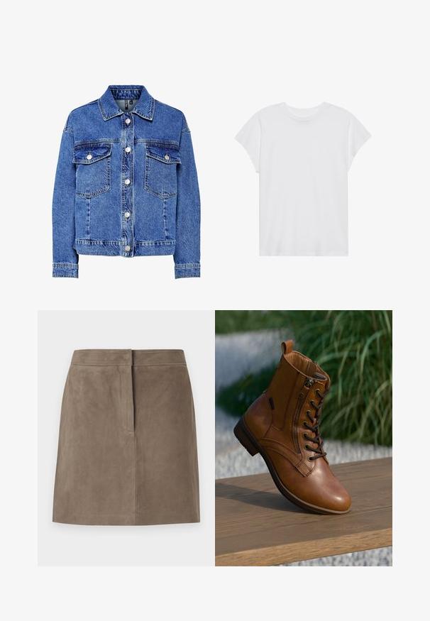 Leren spijkerjack in lichtblauw met lange mouwen, knoopsluiting aan de voorkant en twee borstzakken. Heeft contrasterende stiksels en een klassiek kraagontwerp.; Witte t-shirt met korte mouwen, ronde hals, relaxte pasvorm, gemaakt van zacht katoen. Glad textuur, geen patronen of logo's.; Taupe knielange suède rok met een rechte pasvorm en een verborgen naad aan de voorkant, tegen een effen achtergrond.; Bruine leren enkellaars met zijrits en veters, geplaatst op een houten oppervlak buiten met vervaagde groene achtergrond.