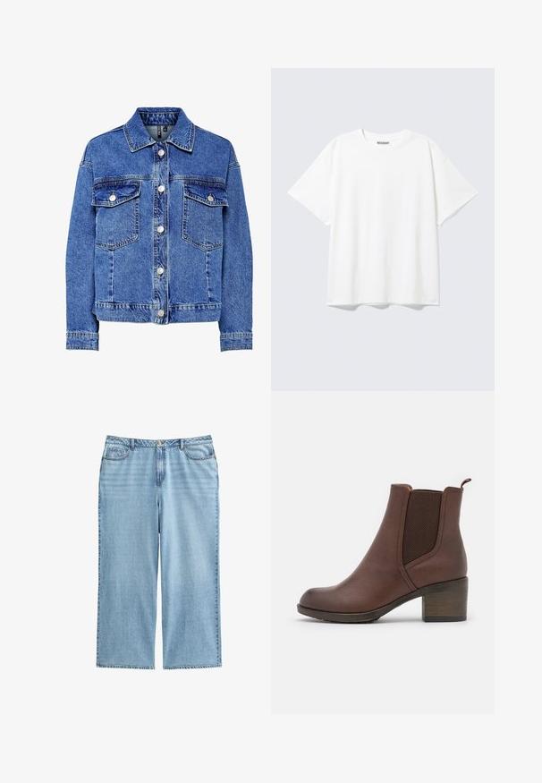 Leren spijkerjack in lichtblauw met lange mouwen, knoopsluiting aan de voorkant en twee borstzakken. Heeft contrasterende stiksels en een klassiek kraagontwerp.; Witte T-shirt met korte mouwen en een ronde hals, met een relaxte pasvorm en een "WEEKDAY" label aan de binnenkant achter bij de hals.; Lichtblauwe denim culottes met een hoge taille, brede benen en een vijf-pocket ontwerp met contrasterende stiksels en een knoopsluiting.; Bruine leren enkellaars met een gladde afwerking, elastische zijpanelen, een ronde neus en een gematigde houten hak.