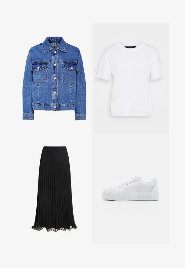 Veste en denim bleu clair avec manches longues, devant à boutons et deux poches poitrine. Présente des coutures contrastantes et un design de col classique.; T-shirt blanc à manches courtes en coton. Présente un col rond et une coupe décontractée, avec un design simple et sans motifs ni accents visibles.; Jupe maxi plissée noire en tissu léger avec un design fluide. Comprend un ourlet volanté et une taille élastique pour le confort.; Baskets blanches basses avec des détails perforés, une semelle en caoutchouc texturé et de subtils accents dorés sur le logo latéral. Matériau synthétique lisse.