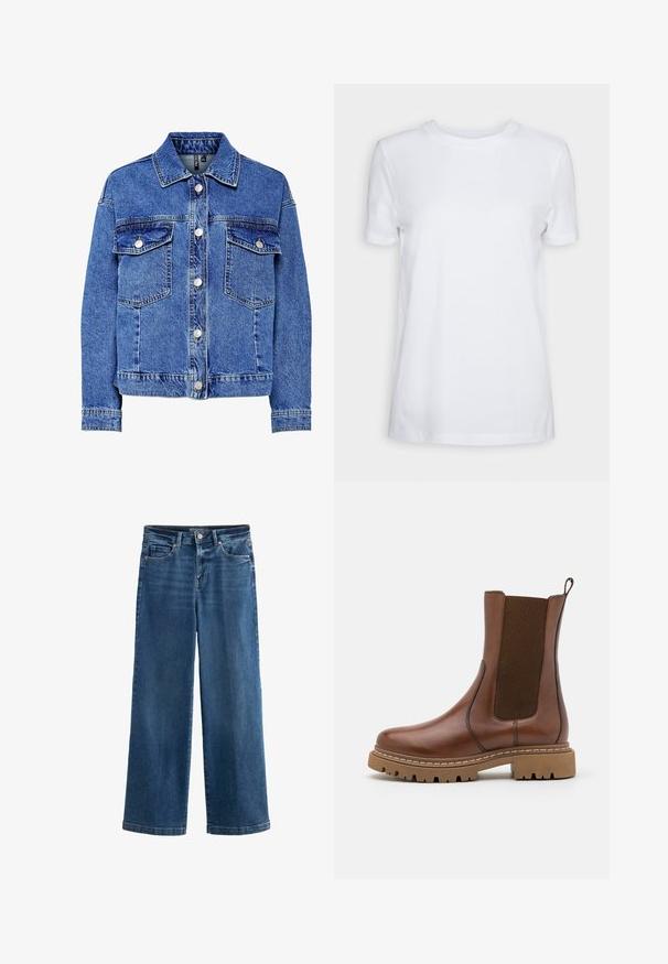 Leren spijkerjack in lichtblauw met lange mouwen, knoopsluiting aan de voorkant en twee borstzakken. Heeft contrasterende stiksels en een klassiek kraagontwerp.; Effen wit T-shirt met korte mouwen en ronde hals, normale pasvorm en een klein label aan de binnenkant van de hals met de tekst "SELECTED FEMME."; Blauwe wijde jeans van denim, met een hoge taille, vijf zakken, subtiele vervaging, knoopsluiting en contrasterende stiksels.; Bruine leren enkelboot met elastische panelen en een trekomed. Kenmerkt zich door een robuuste rubberen zool en zichtbare stiksels langs de randen.