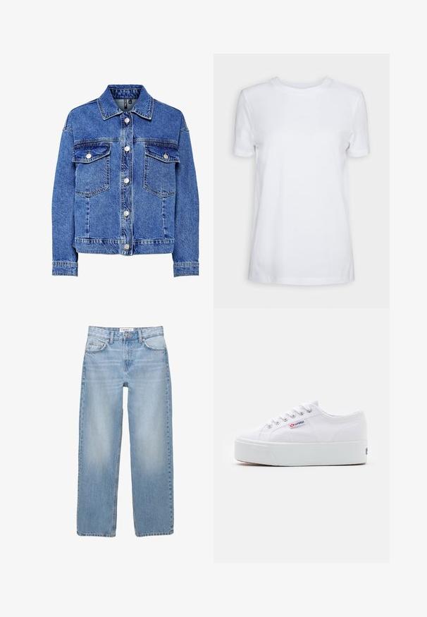 Veste en denim bleu clair avec manches longues, devant à boutons et deux poches poitrine. Présente des coutures contrastantes et un design de col classique.; T-shirt blanc uni à manches courtes, col rond, coupe régulière, avec une petite étiquette à l’intérieur du col indiquant "SELECTED FEMME."; Jean en denim bleu clair avec une coupe droite, style cinq poches et des détails de couture visibles. Le tissu a une texture douce et légèrement décolorée.; Baskets en toile blanches avec une épaisse semelle plateforme blanche, bout rond et œillets en métal pour les lacets. Logo de la marque affiché sur le côté.