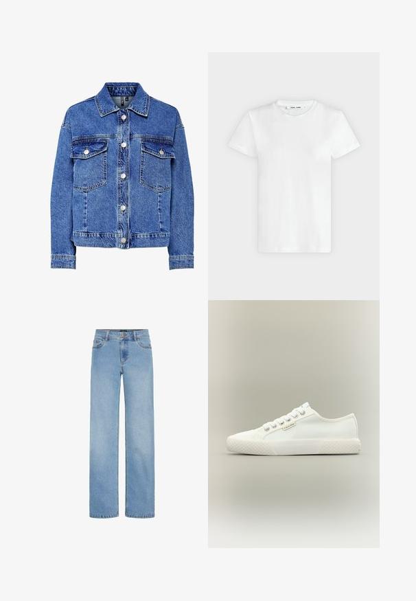 Lysblå denimjakke med lange ærmer, knapfront og to brystlommer. Har kontrasterende syninger og klassisk kravedesign.; En simpel hvid T-shirt med korte ærmer og rund hals lagt fladt på en lys grå baggrund, hvor forsiden med label inde i halsen vises.; Lys blå, vide jeans lavet af denim. Har en standard talje, forlommer og en lynlås med knaplukning.; Hvid lavtopet lærreds-sneaker med tekstureret gummisål, hvide snørebånd og lille Calvin Klein-mærke på siden.