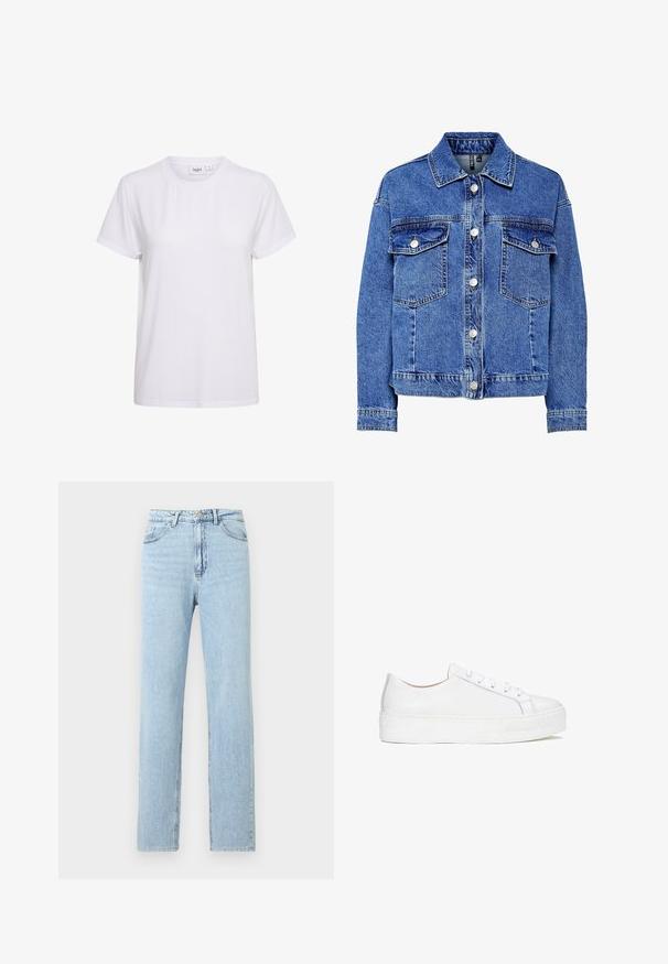 Chaqueta de mezclilla en azul claro, con mangas largas, cierre de botones y dos bolsillos en el pecho. Presenta costuras en contraste y un diseño clásico de cuello.; Camiseta blanca de manga corta hecha de algodón suave. Presenta un cuello redondo y un diseño simple y sin costuras, sin adornos ni patrones.; Vaqueros azul claro de corte recto con bolsillos delanteros, trabillas para cinturón y cierre de botón y cremallera.; Zapatilla blanca de cuero con superficie lisa, punta redonda y suela plana. Presenta cierre con cordones y detalles de costura sutiles.