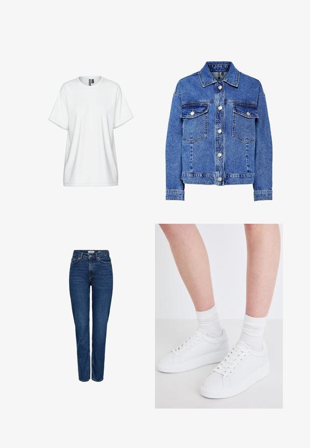 Chaqueta de mezclilla en azul claro, con mangas largas, cierre de botones y dos bolsillos en el pecho. Presenta costuras en contraste y un diseño clásico de cuello.; Camiseta blanca de algodón con cuello redondo, mangas cortas y un ajuste holgado. Presenta detalles sutiles de costura y una etiqueta en el cuello.; Vaqueros de mezclilla azul oscuro con diseño de pierna recta, cintura alta, cinco bolsillos, costuras claras y un acabado sutilmente texturizado.; Copenhagen Studios CPH72 - Zapatillas - white