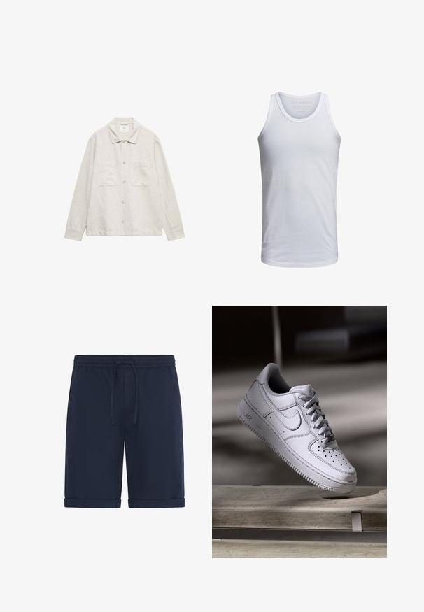 Lysebeige langærmet skjortejakke med krave, knapper foran og to brystlommer, vist på en ensfarvet hvid baggrund.; Hvid bomulds tank top med rund halsudskæring, brede skulderstropper og minimal branding trykt indeni kraven. Blød tekstur, afslappet pasform.; Mørkeblå shorts lavet af letvægtsstof med elastisk linning med snøre og opbrettede kanter. Glat tekstur, afslappet design.; Hvid læder Nike Air Force 1 sneaker med perforeret tå, flade snørebånd og tekstureret gummisål med "AIR" branding på siden.