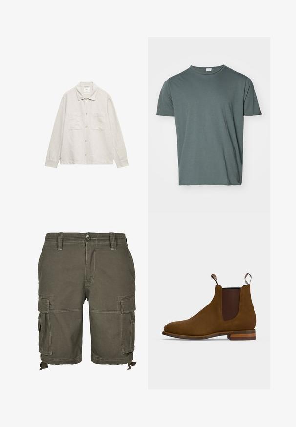Lysebeige langærmet skjortejakke med krave, knapper foran og to brystlommer, vist på en ensfarvet hvid baggrund.; Mørkegrøn crew-neck t-shirt, kortærmet, blødt stof, afslappet pasform, glat tekstur, ingen synlige mønstre eller accenter.; Oliven grønne cargo-shorts lavet af slidstærkt stof, med flere sidelommer, bæltestropper og syede detaljer for ekstra struktur.; Brun ruskind Chelsea-støvle med elastiske sidepaneler, trækflapper foran og bagpå samt en lagdelt træhæl.
