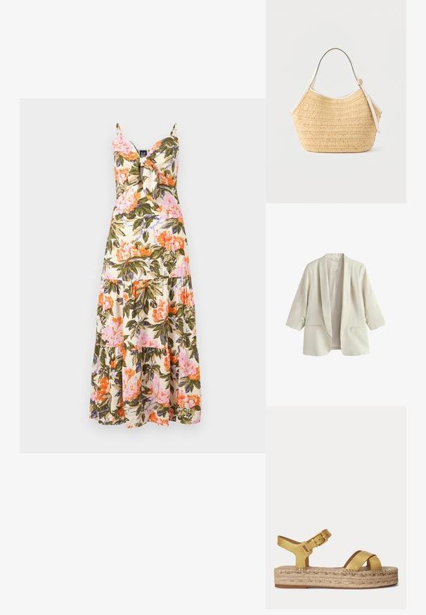 Crèmekleurige damesblazer met open voorkant, sjaalkraag, 3/4-mouwen en twee voorzakken met bies.; Florale maxi-jurk met spaghettibandjes, crèmekleurige stof met roze, oranje en groene bloemmotieven, en een gelaagde volantzoom.; Gouden leren platformsandalen met gekruiste voorbandjes, enkelriem met gesp en dikke gevlochten touwzool.; Beige geweven strohandtas met witte leren afwerking en verstelbare schouderriem, tentoongesteld tegen een effen lichte achtergrond.