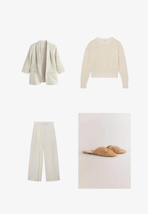 Blazer para mujer de color crema con frente abierto, cuello tipo chal, mangas 3/4 y dos bolsillos delanteros de ojal.; Suéter de punto color crema con cuello redondo, mangas largas y un patrón texturizado de tejido abierto en toda la prenda.; Pantalones de pierna ancha en beige claro con rayas verticales blancas. Con cintura alta, frente plisado y textura suave.; Sandalias deslizantes de cuero trenzado en color marrón claro, con un diseño de parte superior trenzada de gran tamaño y una suela plana. La punta afilada aporta un aspecto elegante.
