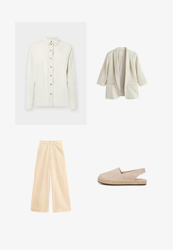 Blazer para mujer de color crema con frente abierto, cuello tipo chal, mangas 3/4 y dos bolsillos delanteros de ojal.; Camisa de manga larga color beige claro hecha de tela texturizada, con cierre frontal de botones metálicos y cuello clásico.; Pantalones de pierna ancha en color beige, fabricados con un material ligero. Cuentan con una cintura alta, cierre de cremallera y bolsillos frontales. Textura suave con un brillo sutil.; Alpargata beige de ante con puntera cerrada, tira trasera, suela de yute trenzado y suela exterior de goma, vista lateral sobre fondo blanco.