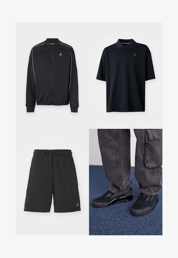 Zwart sportjack van gladde stof, met witte biezen, een rits aan de voorkant en een klein logo op de linkerborst.; Zwarte poloshirt van gladde stof, met een kraag, korte mouwen en een klein grijs Jordan-logo geborduurd op de linkerborst.; Zwarte sportshorts van zacht materiaal, met een elastische tailleband met koord, zijzakken en een klein logo op het linkerbeen.; Zwarte sportieve schoenen met een gestructureerd oppervlak, gladde accenten en een chunky zool, gecombineerd met donkere, loszittende cargo pants.