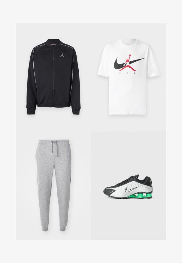 Mustast siledast kangast sportjakk, millel on valged triibud, ees tõmblukk ja väike logo vasakul rinnal.; Valge puuvillane T-särk, millel on suur must ja punane Nike Swooshi logo, kus on kujutatud korvpallimängijat silueti kujul. Lühikesed varrukad, ümmargune kaelus.; Halli hallid spordipüksid, millel on reguleeritav pael vöökohal, kitsenevad sääred ja küljetaskud. Ülasäärel on väike valge logo.; Mustvalge sportking roheliste aktsentidega, millel on voolujooneline disain, tekstureeritud ülemine osa ja eristuv segmentide struktuur.