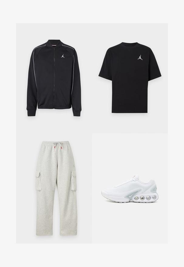 Schwarze Sportjacke aus glattem Stoff, mit weißen Paspeln, einem Reißverschluss vorne und einem kleinen Logo auf der linken Brust.; Schwarzes Baumwoll-T-Shirt mit kurzen Ärmeln, versehen mit einem weißen Jumpman-Logo auf der linken Brust. Rundhalsausschnitt, normale Passform und glatte Textur.; Hellgraue Sweatpants mit elastischem Bund, Kordelzug mit roten Enden und großen Klappentaschen auf beiden Oberschenkeln.; Weißer Mesh-Sneaker mit grauen Akzenten, runder Zehenpartie und sichtbarem, gepolstertem Schuhsohlenbereich mit runden Luftpolstern und Markenlogo.