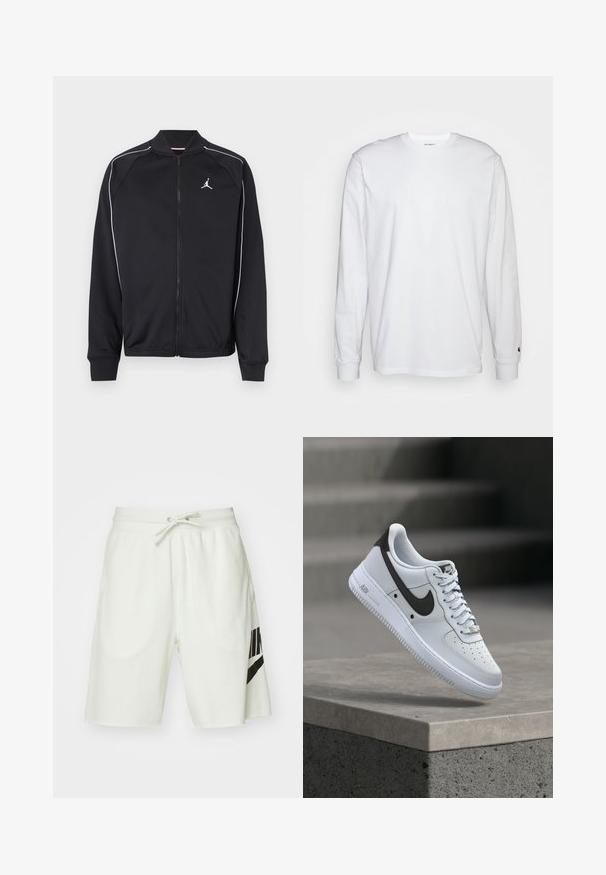 Zwart sportjack van gladde stof, met witte biezen, een rits aan de voorkant en een klein logo op de linkerborst.; Witte lange mouwen T-shirt van katoen. Ronde hals ontwerp met ribgebreide manchetten en een klein logo op de linkermouw. Gladde textuur.; Lichtgrijze katoenen shorts met een elastische tailleband, een verstelbaar trekkoord en een zwart Nike-logo aan de linkerkant.; Witte Nike Air Force 1 sneaker met zwart swoosh-logo, zwevend boven een betonnen richel met vervaagde trappen op de achtergrond.