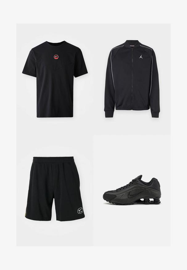 Sort atletikjakke lavet af glat stof med hvide kanter, lynlås foran og et lille logo på venstre bryst.; Sort kortærmet T-shirt i bomuld med et sekskantet rødt og hvidt Nike-logo på brystet og en rund halsudskæring.; Sorte sportsshorts lavet af blødt stof, med en elastisk talje, logo-detalje og kontrasterende gule striber på siderne.; Sorte løbesko med en glat syntetisk overdel, perforerede detaljer, teksturerede sidedele og en distinkt fjedrende sål.