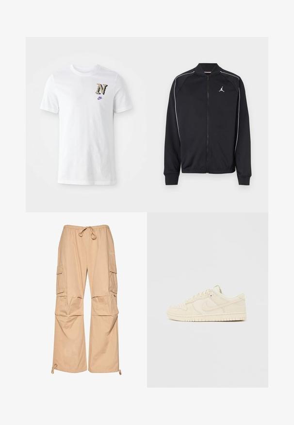 Sort atletikjakke lavet af glat stof med hvide kanter, lynlås foran og et lille logo på venstre bryst.; Hvid bomulds t-shirt med et camouflagestruktur mønsteret "N" logo og et lille lilla Nike swoosh på brystet. Klassisk crew neck design.; Beige cargo bukser med elastisk talje og snor, med sidelommer og en afslappet pasform. Fremstillet af letvægtsstof.; Beige ruskindssneaker med rundet tå, perforeret overdel, flade snørebånd, polstret krave og tekstureret gummisål med et diskret logo.