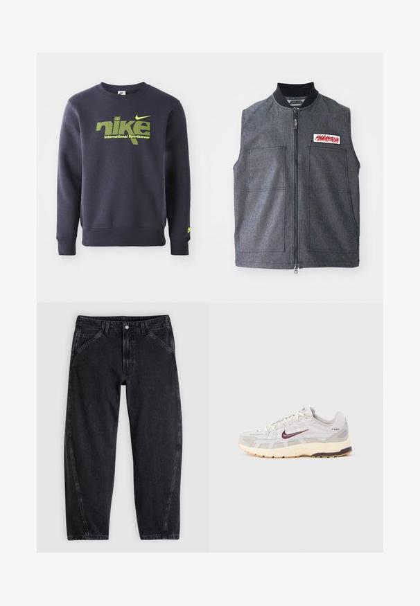 Dunkelgraue Weste mit Reißverschluss vorne, zwei großen Fronttaschen, einem gerippten Kragen und einem dekorativen Patch mit rotem Design.; Marineblauer Sweatshirt aus Baumwollmischung, mit neongrüner Logo und dem Text "nike international sportswear" auf der Brust, gerippte Bündchen und Saum.; Schwarze Jeans aus Denim mit lockerem Schnitt, ausgestattet mit einem normalen Bund, einem Fünf-Taschen-Design und Kontrastnähten entlang der Nähte.; Herren-Laufschuh in Hellgrau und Creme mit atmungsaktivem Mesh-Obermaterial, dunkelrotem Nike-Swoosh, gepolstertem Kragen und einer strukturierten Sohle.