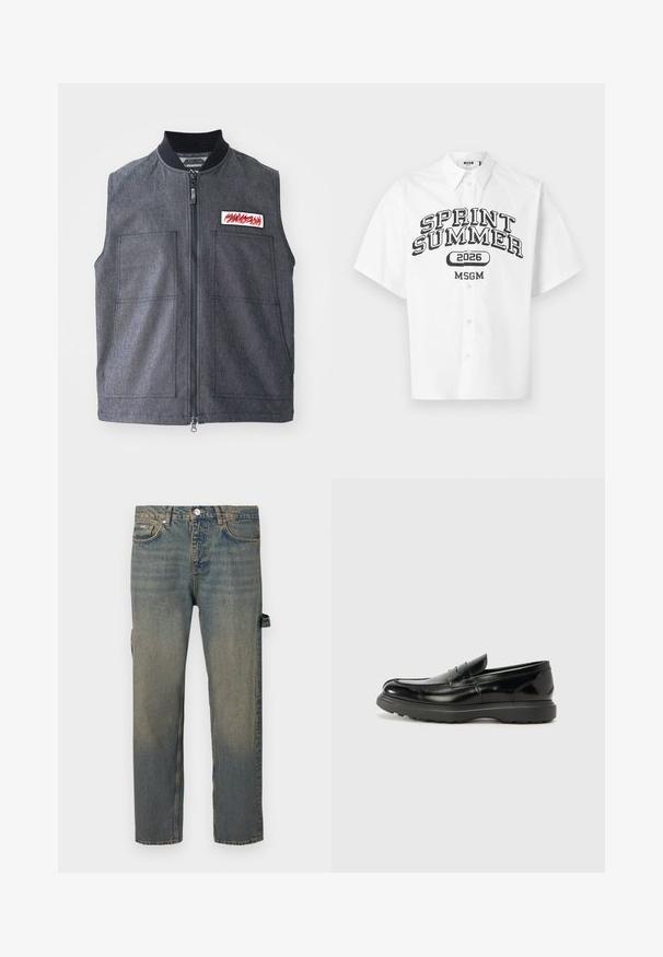 Gilet gris foncé avec fermeture éclair à l'avant, deux grandes poches avant, un col côtelé et un patch décoratif avec un design rouge.; Chemise blanche à manches courtes avec boutons, imprimée de "SPRINT SUMMER 2026" et "MSGM" en noir sur le devant.; Jean en denim bleu clair avec un effet usé, coupe droite, cinq poches et passants de ceinture. Présente un détail de sangle sur le côté.; Mocassin en cuir noir avec une finition brillante, bout arrondi, détails de couture subtils et semelle en caoutchouc épaisse pour la durabilité.
