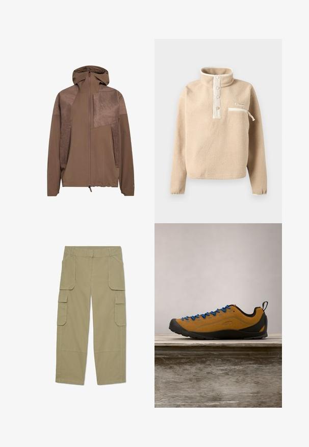 Bruine gewatteerde jas met een getextureerd paneel aan de bovenkant voor, een ritssluiting over de hele lengte, elastische zoom en zijzakken. Glad stof overal.; Beige fleece trui met opstaande kraag, drie drukkers en een borstzak met rits en witte bies.; Khakikleuren cargobroek met meerdere klepzakken aan de voorkant en zijkanten, rechte pijpen en riemlussen in de taille.; Bruine suède outdoor schoen met blauwe veters, zwarte rubberen zool en een slank ontwerp. Beschikt over een trek lus aan de achterkant voor gemakkelijk aantrekken.
