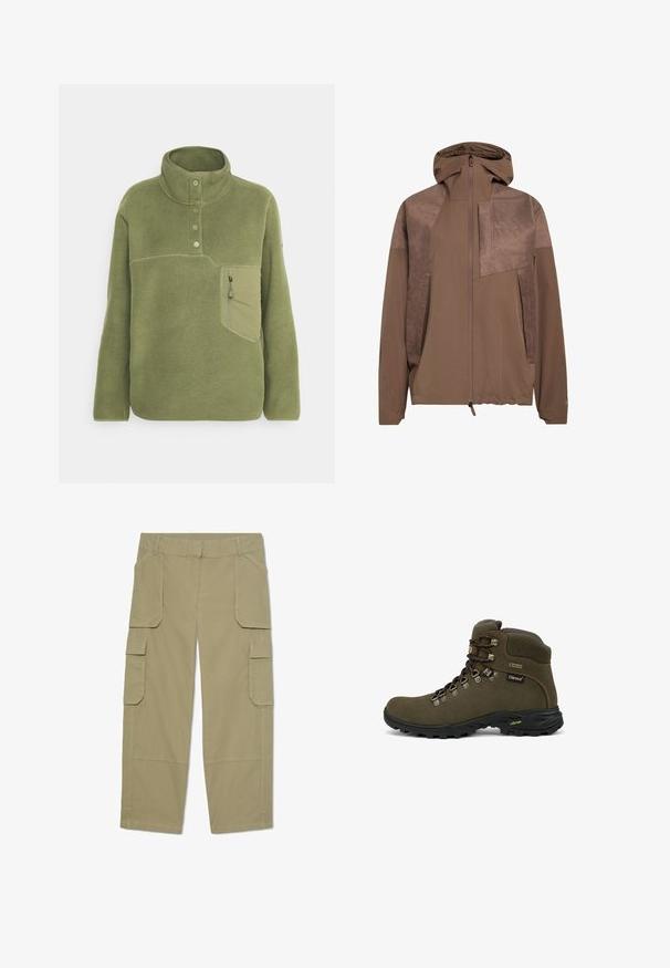 Chaqueta marrón con capucha y un panel texturizado en la parte superior delantera, cremallera de longitud completa, dobladillo elástico y bolsillos laterales. Tejido liso en toda la prenda.; Sudadera de forro polar verde oliva con un cuello alto, tres botones y un bolsillo en el pecho con cremallera. Textura suave con detalles de costura en contraste.; Pantalones cargo caqui con múltiples bolsillos con solapa en la parte delantera y los laterales, diseño de pierna recta y trabillas en la cintura.; Bota de senderismo alta marrón con suela negra, ojales de metal, etiqueta Gore-Tex y cuello acolchado diseñada para uso al aire libre.