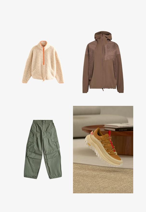 Veste à capuche marron avec un panneau texturé sur le devant supérieur, fermeture éclair intégrale, ourlet élastique et poches latérales. Tissu lisse sur toute la surface.; Pull-over beige flou avec zip orange, col montant, deux poches avant et ourlet à cordon. Texture douce avec des détails mouchetés.; Pantalon cargo vert olive avec ceinture élastique, fermeture par bouton, poches avant et poches cargo à rabat sur les côtés.; Chaussure de randonnée marron et beige avec languette rouge, semelle blanche épaisse et lacets style corde, flottant au-dessus d'un tapis beige tissé à l’intérieur.