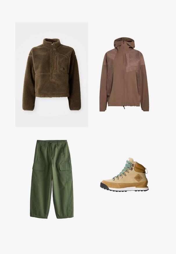 Braune Kapuzenjacke mit strukturiertem Einsatz auf der oberen Vorderseite, durchgehendem Reißverschluss, elastischem Saum und Seitentaschen. Glattes Gewebe insgesamt.; Braune Fleecejacke mit hohem Kragen, halbem Reißverschluss vorne und einer Brusttasche; verfügt über strukturierten Stoff und ein Logo auf der Vorderseite.; Olivgrüne Cargohose mit Kordelzug am Bund, Gürtelschlaufen, Seitentaschen und Klappentaschen an den Oberschenkeln, weiter Schnitt mit elastischen Bündchen.; Beige Wanderschuh mit einem Obermaterial aus Wildleder und Canvas, türkisfarbenen Schnürsenkeln, gepolstertem Schaft und schwarzem Gummisohle mit strukturiertem Grip-Muster.