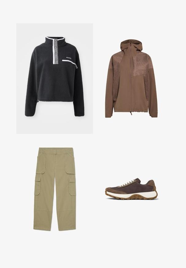 Brun hættetrøje med panel i tekstureret materiale på den øverste front, lynlås i fuld længde, elastisk kant og sidelommer. Glat stof over det hele.; Sort fleece pullover med halv lynlås krave, der har en brystlomme og kontrasterende hvide og grå detaljer. Blød tekstur, cropped design.; Khakifarvede cargobukser med flere klaplommer foran og på siderne, lige ben og bæltestropper i taljen.; Brun sneakers med hvide snørebånd, med en tekstureret overdel og en robust gummisål, vist på en hvid baggrund.