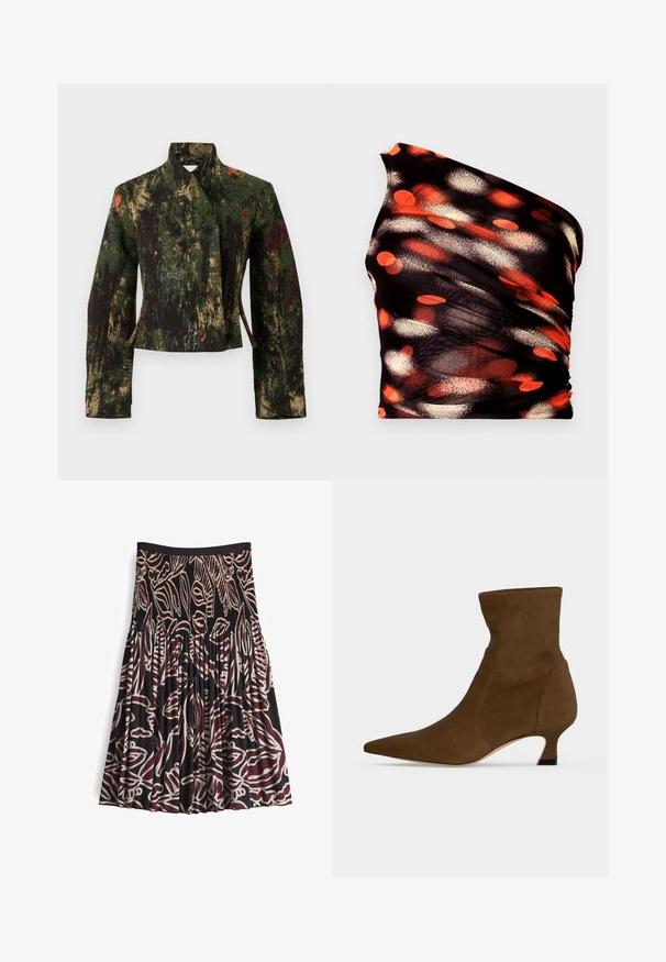 Damen-Cropped-Jacke mit hohem Kragen, langen Ärmeln und abstraktem camouflageartigem Muster in grünen, schwarzen, beigen und roten Tönen.; Schwarzes Ein-Schulter-Top mit abstrakten orangefarbenen, roten und weißen gepunkteten Mustern. Hergestellt aus einem strukturierten, dehnbaren Stoff; mit gerafften Details.; Schwarzer Rock mit einem gerafften Taillenbund, der auffällige bordeauxrote und weiße abstrakte Blattformen sowie plissiertes Material für Textur und Bewegung aufweist.; Brauner Knöchelstiefel mit spitzer Zehenpartie und niedrigem Kittenabsatz, hergestellt aus glattem Material, vor einem schlichten Hintergrund präsentiert.