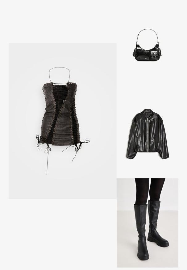 Veste en cuir noir avec un col structuré, fermeture éclair à l'avant et deux poches latérales. Présente une coupe décontractée et des accents aux épaules. Texture lisse.; Mini robe en cuir noir avec un devant à lacets, des panneaux noirs contrastants, des liens ajustables et des clous métalliques le long des coutures.; Even&Odd by Zalando Bottes à plateau - black; Sac à main en cuir verni noir avec une forme incurvée, une bandoulière, des poches avant et des accents en métal argenté.