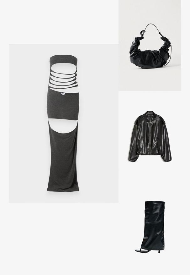 Sort læderjakke med en struktureret krave, lynlås foran og to sidelommer. Har en løs pasform og skulderaccents. Glat tekstur.; Maxi kjole i mørkegråt stof med et strapless design, der har flere horisontale udskæringer og sideslids. Glat tekstur.; Sort højhælet åben-tå sandal med høj, blød støvle skaft i kunstlæder, der går til midt på læggen.; Sort faux læder handbag med et blødt, samlet design og et fleksibelt håndtag, der fremviser en glat tekstur og en subtil glans.