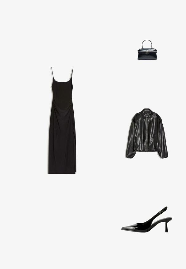 Veste en cuir noir avec un col structuré, fermeture éclair à l'avant et deux poches latérales. Présente une coupe décontractée et des accents aux épaules. Texture lisse.; Robe maxi noire sans manches avec fines bretelles, côtés froncés et encolure carrée sur fond blanc.; Racine à talon en cuir verni noir avec un nez pointu, des côtés découpés, une bride de cheville ajustable et un talon fin et élégant.; Sac à main en cuir noir avec une poignée supérieure, une texture crocodile et une fermeture double à glissière au centre.