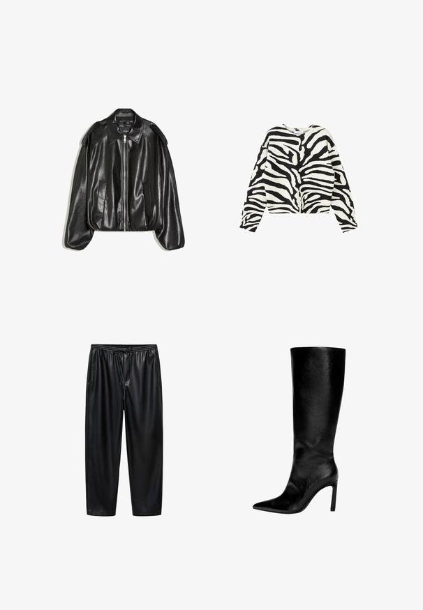 Sort læderjakke med en struktureret krave, lynlås foran og to sidelommer. Har en løs pasform og skulderaccents. Glat tekstur.; Langærmet sweater med sort og hvid zebra-print, rund hals og løs pasform.; Sorte, glansfulde, syntetiske bukser med elastisk talje og snoretræk. Har cropped længde og to sidelommer. Glat tekstur.; Knæhøj sort læderstøvle med spids tå, høj stiletthæl, glat finish og et enkelt, strømlinet design uden pynt.
