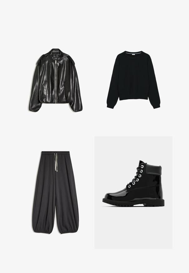 Veste en cuir noir avec un col structuré, fermeture éclair à l'avant et deux poches latérales. Présente une coupe décontractée et des accents aux épaules. Texture lisse.; Pull noir à manches longues et col rond en maille, avec poignets et ourlet en bord-côte, présenté sur un fond blanc uni.; Pantalon noir ample avec taille élastique et cordon crème, jambes larges se rétrécissant vers des poignets élastiques aux chevilles.; Bottes noires brillantes à la cheville avec une finition en cuir verni lisse, bout rond, laçage à six œillets et semelle en caoutchouc robuste.